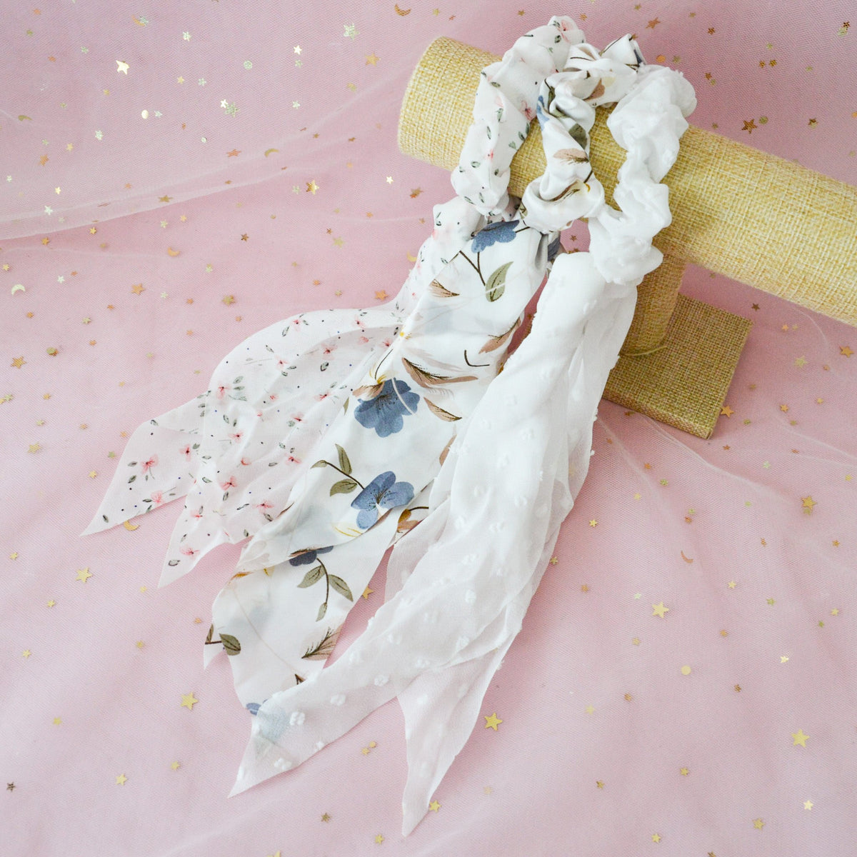 Chouchou Foulard en Coton Blanc Fleuri
