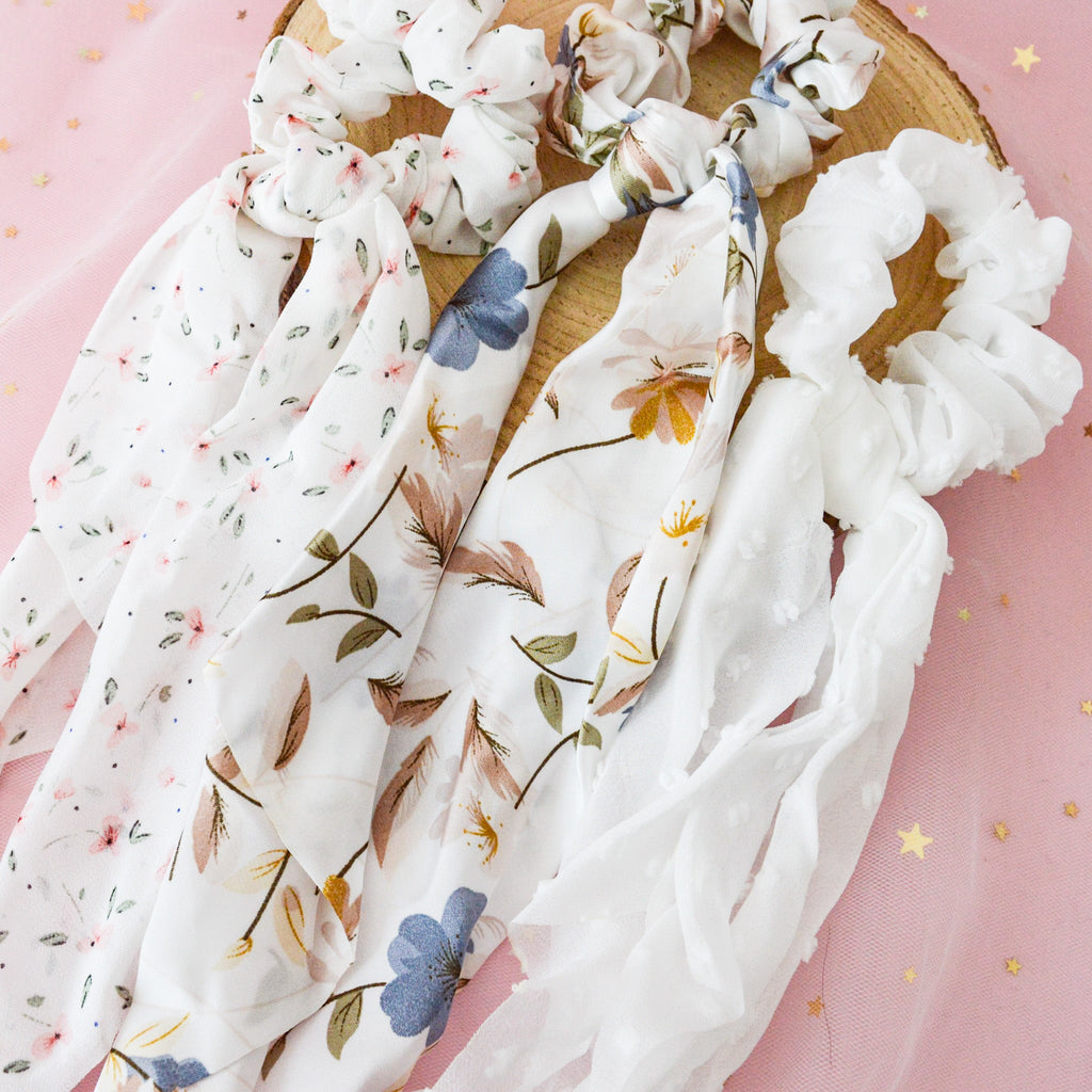 Chouchou Foulard en Coton Blanc Fleuri