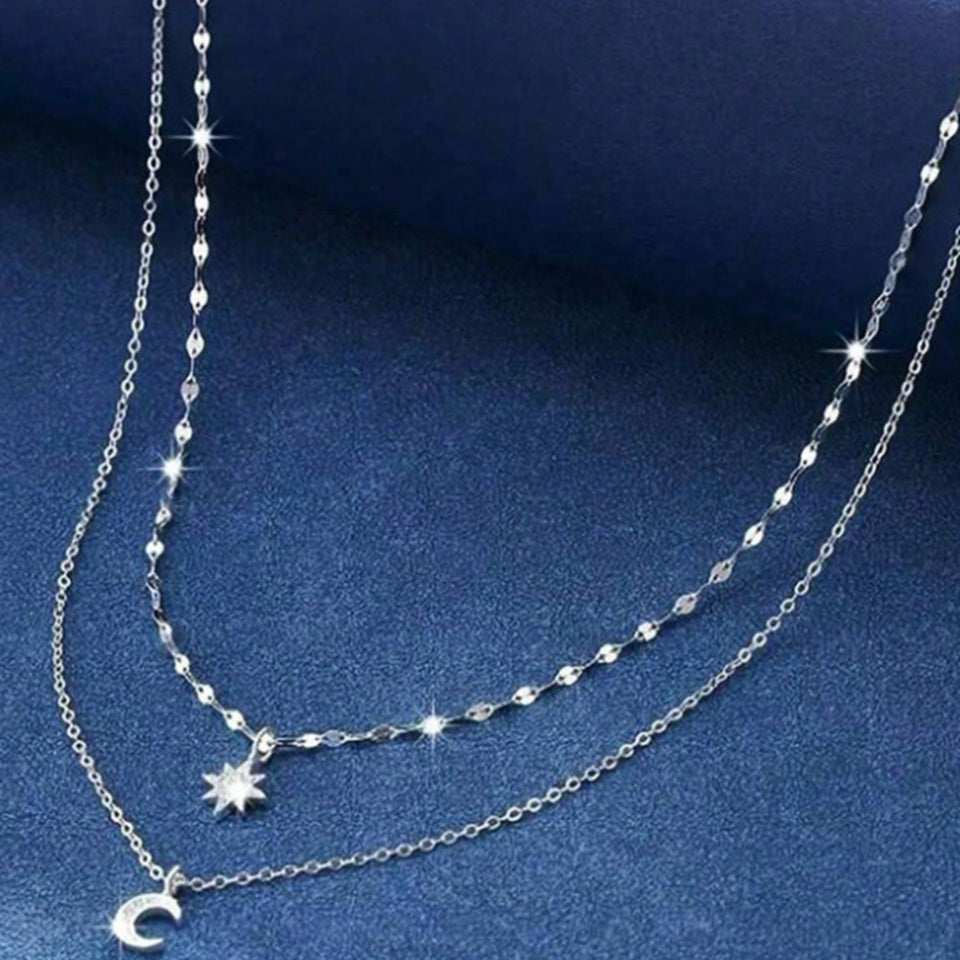 Collier Double Chaînes Lune et Étoile