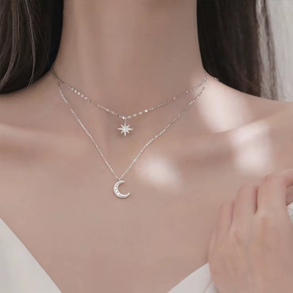 Collier Double Chaînes Lune et Étoile