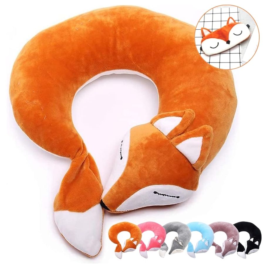 Coussin de Voyage en Peluche Renard Orange avec Masque