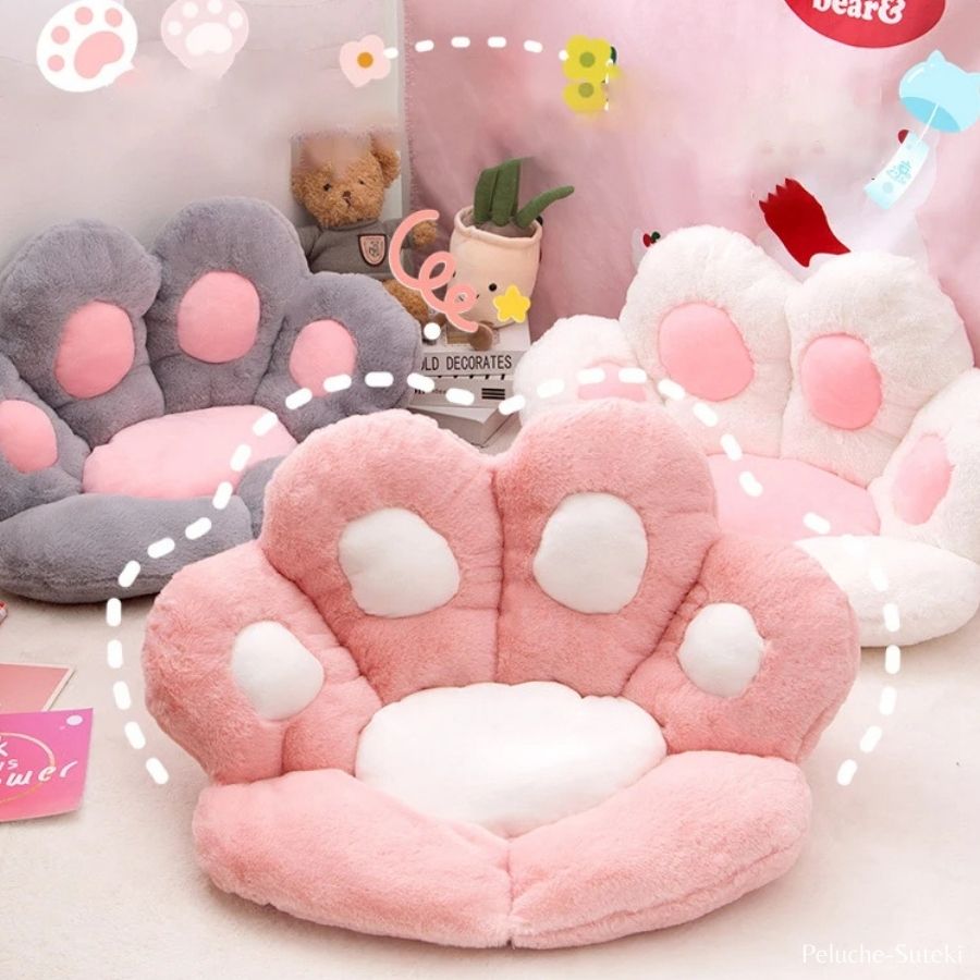 Coussin en Peluche Patte de Chat Gris et Rose