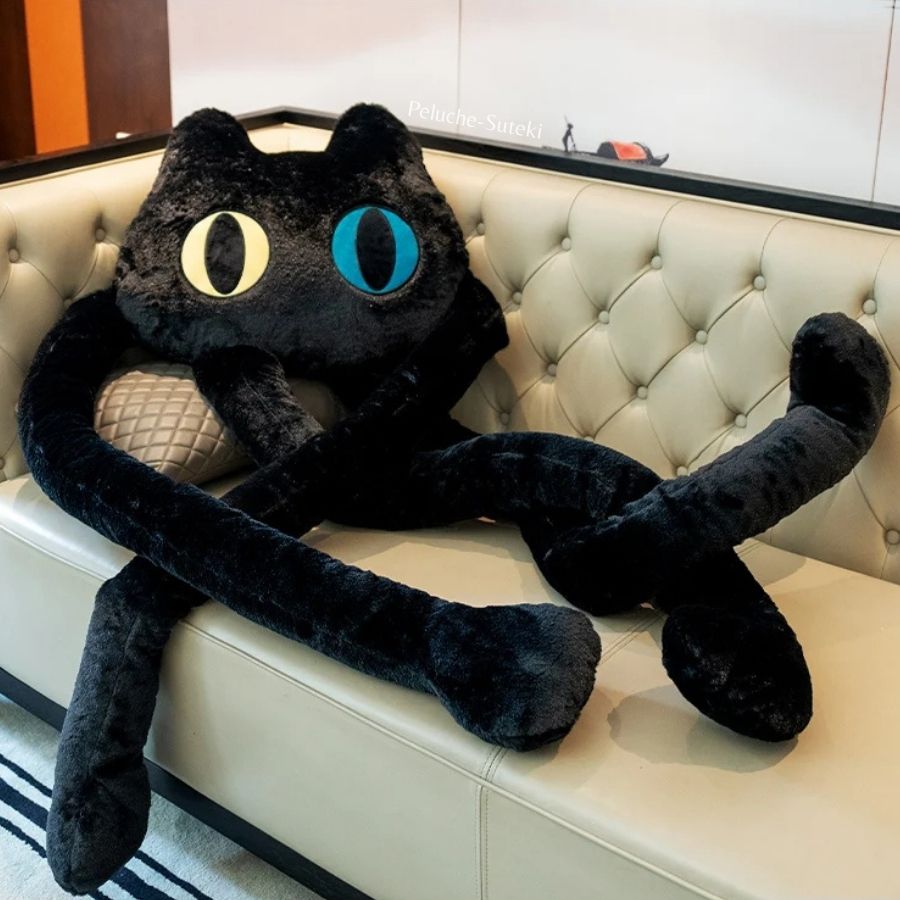 Peluche de Chat Noir Géant aux Yeux Jaune et Bleu
