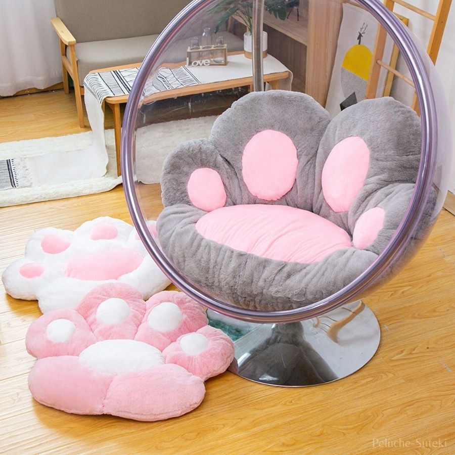 Coussin en Peluche Patte de Chat Gris et Rose