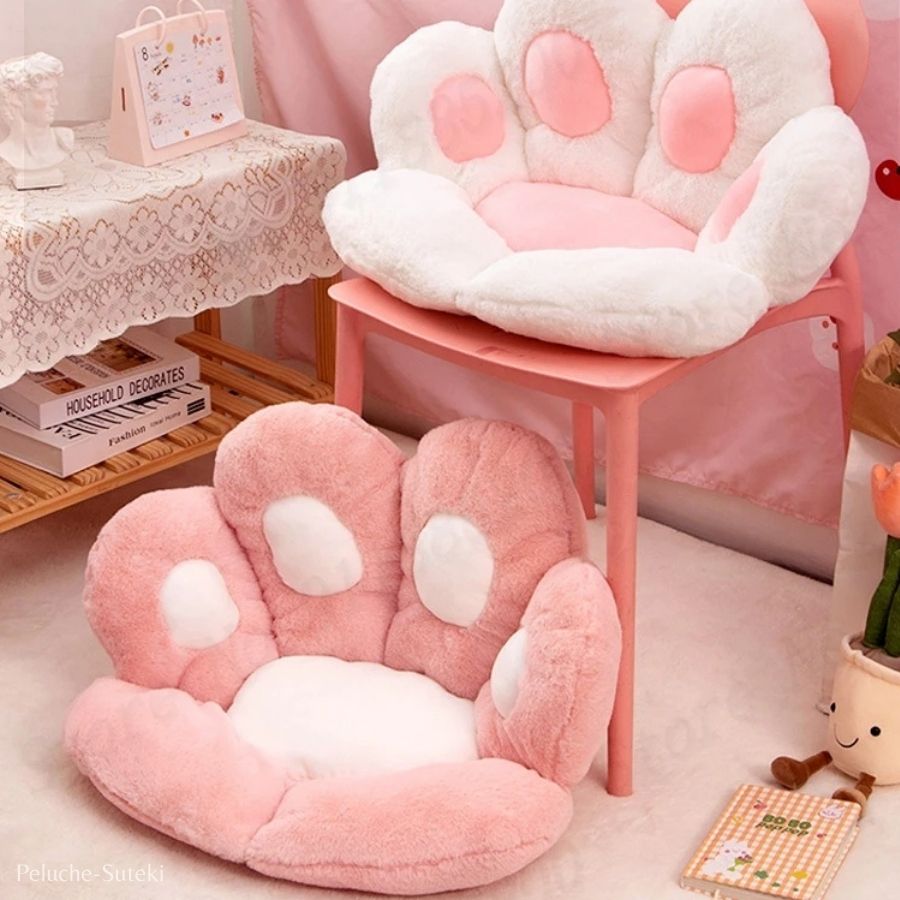 Coussin en Peluche Patte de Chat Gris et Rose