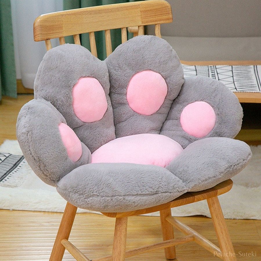 Coussin en Peluche Patte de Chat Gris et Rose