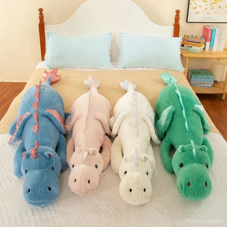 Grande Peluche Dragon Bleue aux Ailes Roses Brillantes