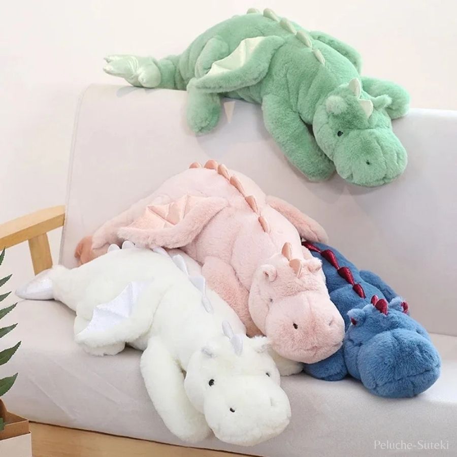 Grande Peluche Dragon Bleue aux Ailes Roses Brillantes