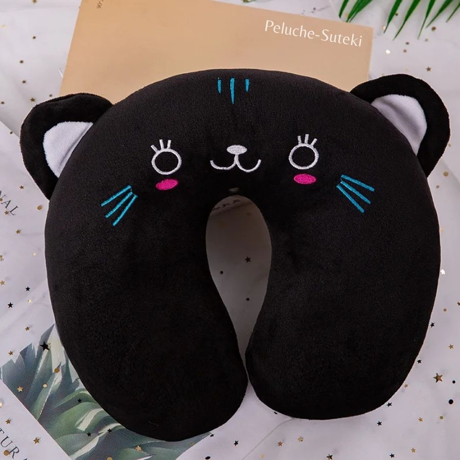 Oreiller de Voyage en Peluche Noir Chat Mignon