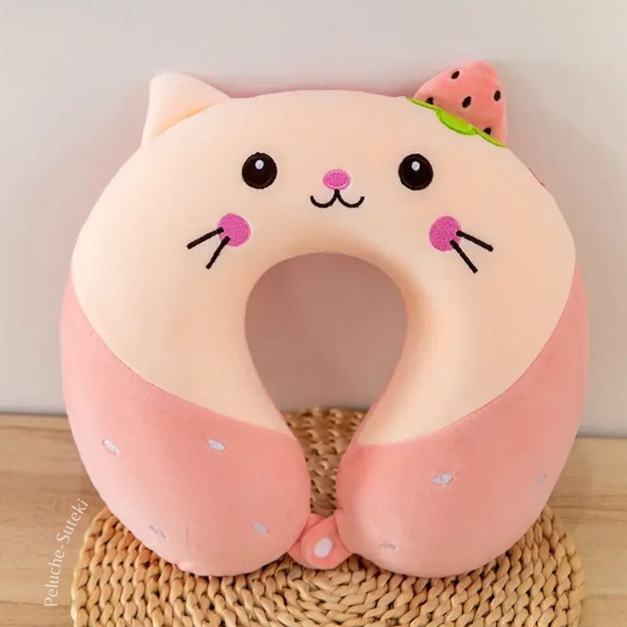 Coussin de Voyage en Peluche Chat Rose avec Fraise