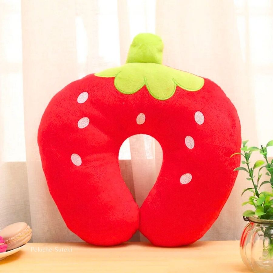 Coussin de Nuque en Peluche Fraise Rouge