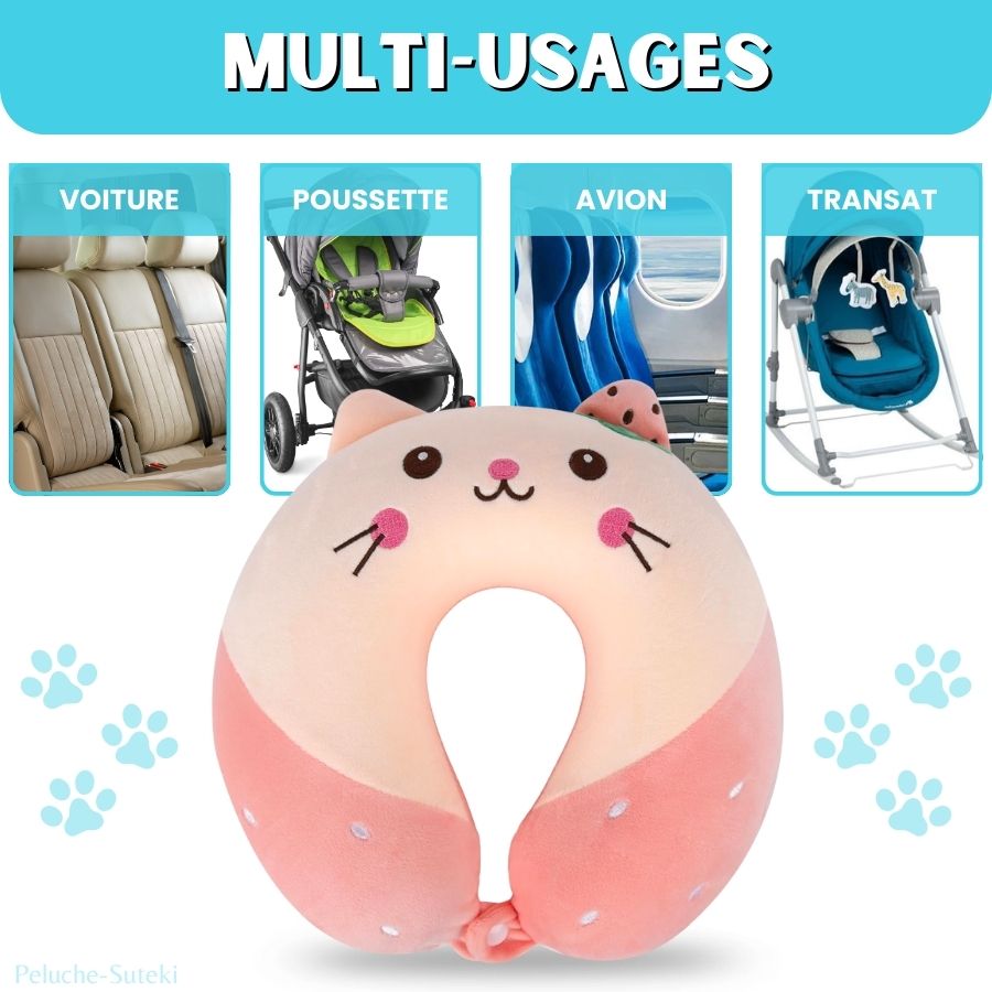 Coussin de Voyage en Peluche Chat Rose avec Fraise