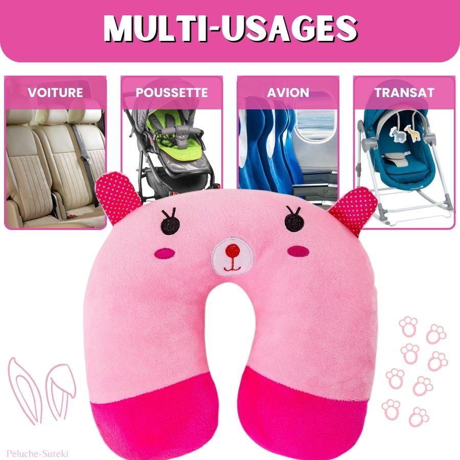 Coussin de Voyage Ourson Rose à Pois en Peluche