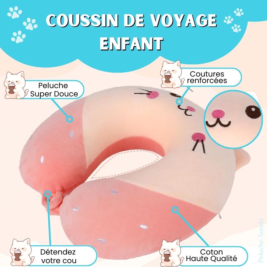 Coussin de Voyage en Peluche Chat Rose avec Fraise