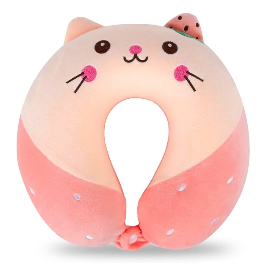 Coussin de Voyage en Peluche Chat Rose avec Fraise