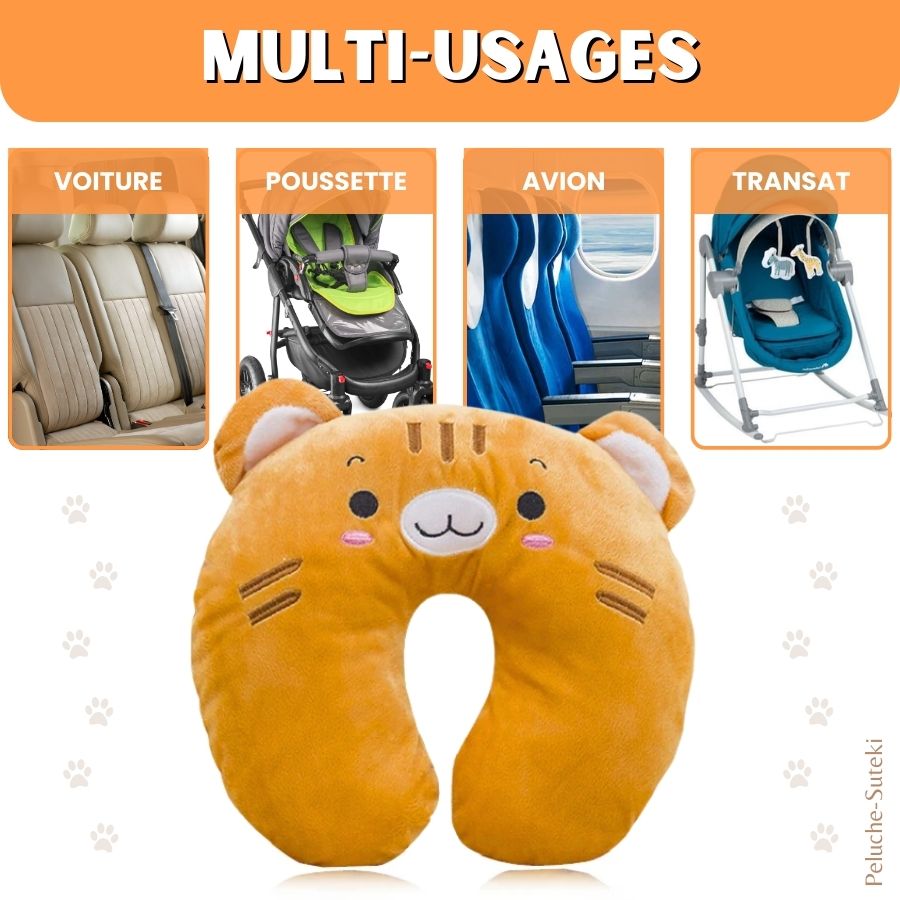 Coussin de Voyage en Peluche Orange à Tête de Chat