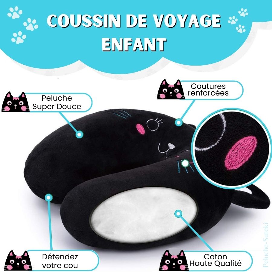 Oreiller de Voyage en Peluche Noir Chat Mignon