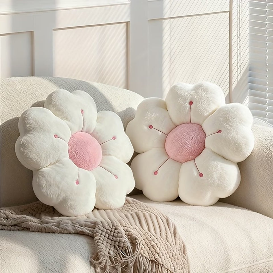 Coussin Fleur en Peluche Blanche au Cœur Rose Pâle