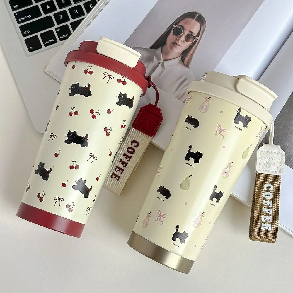 Tasse Isotherme Blanc à Motifs Chats Cerises Bordeaux