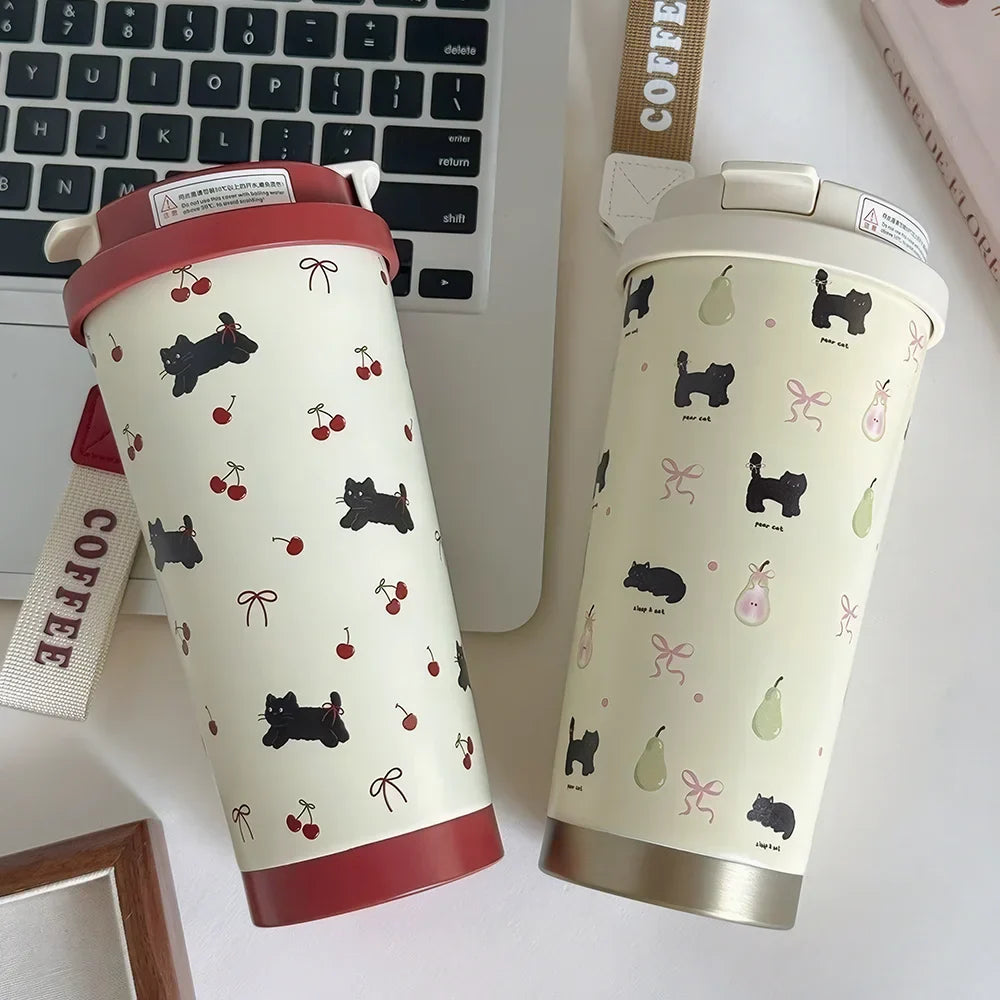 Tasse Isotherme Blanc à Motifs Chats Cerises Bordeaux