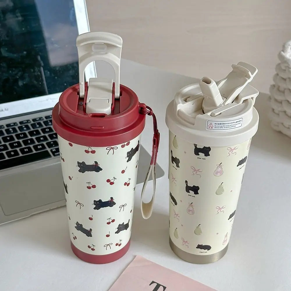 Tasse Isotherme Blanc à Motifs Chats Cerises Bordeaux