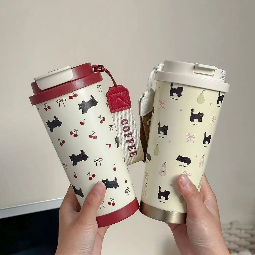 Tasse Isotherme Blanc à Motifs Chats Cerises Bordeaux