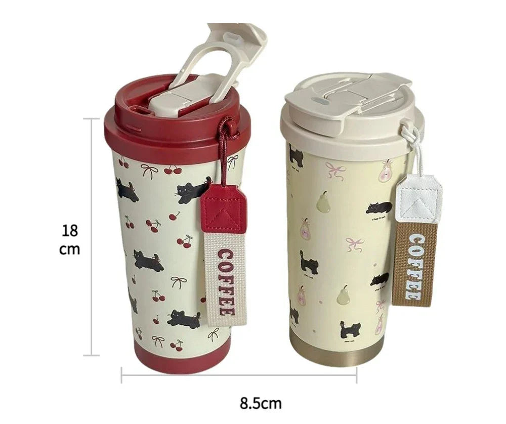 Tasse Isotherme Blanc à Motifs Chats Cerises Bordeaux