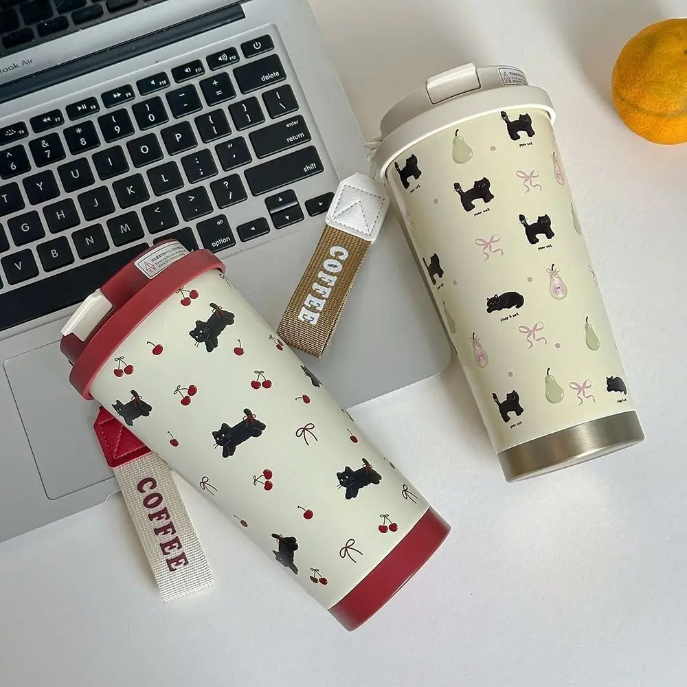 Tasse Isotherme Blanc à Motifs Chats Cerises Bordeaux