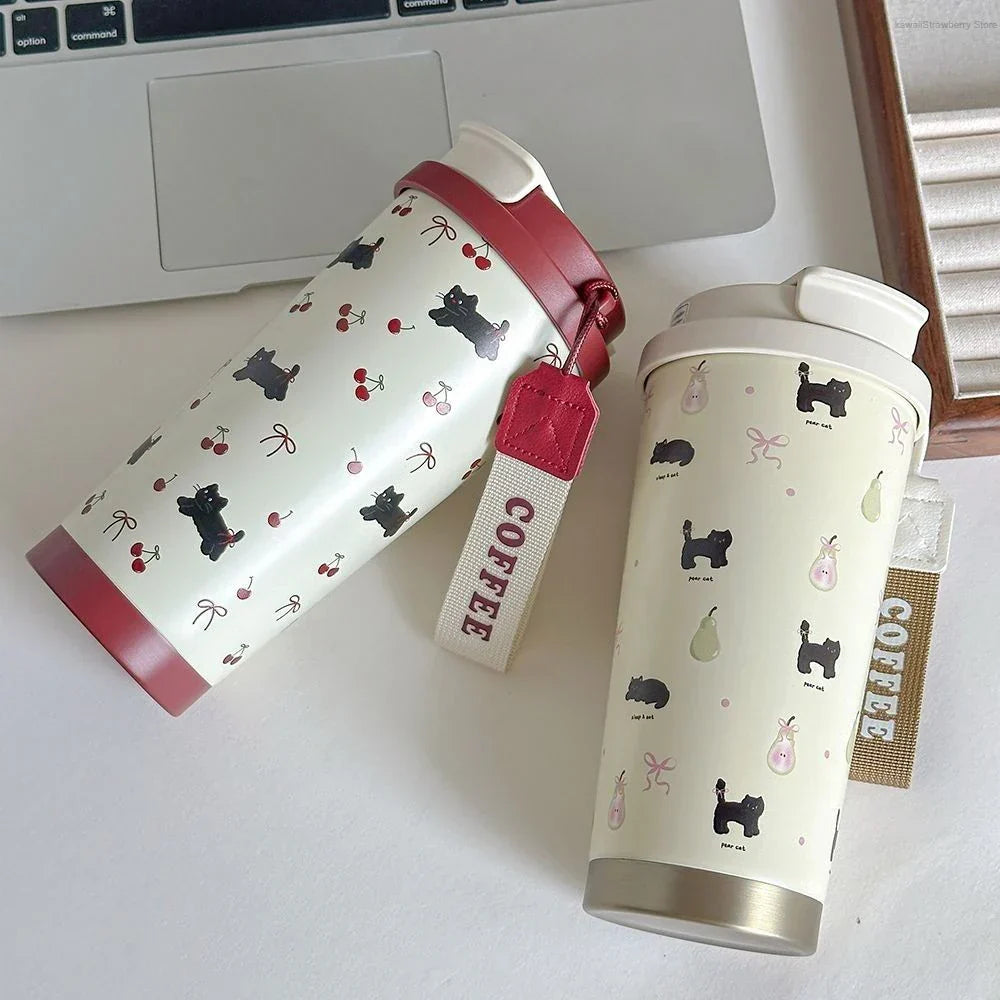 Tasse Isotherme Blanc à Motifs Chats Cerises Bordeaux