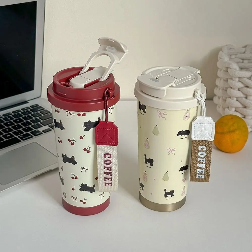 Tasse Isotherme Blanc à Motifs Chats Cerises Bordeaux