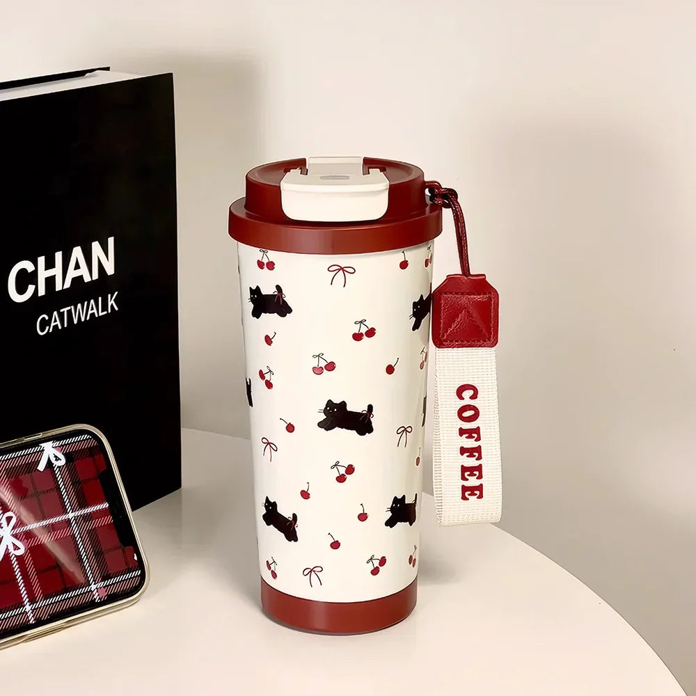 Tasse Isotherme Blanc à Motifs Chats Cerises Bordeaux