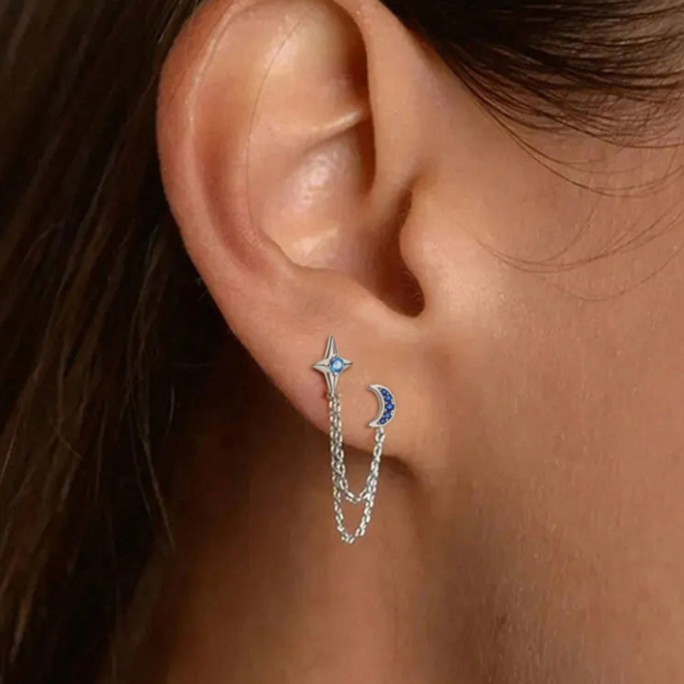 Boucles d'Oreilles Lune et Étoile en Strass Bleu