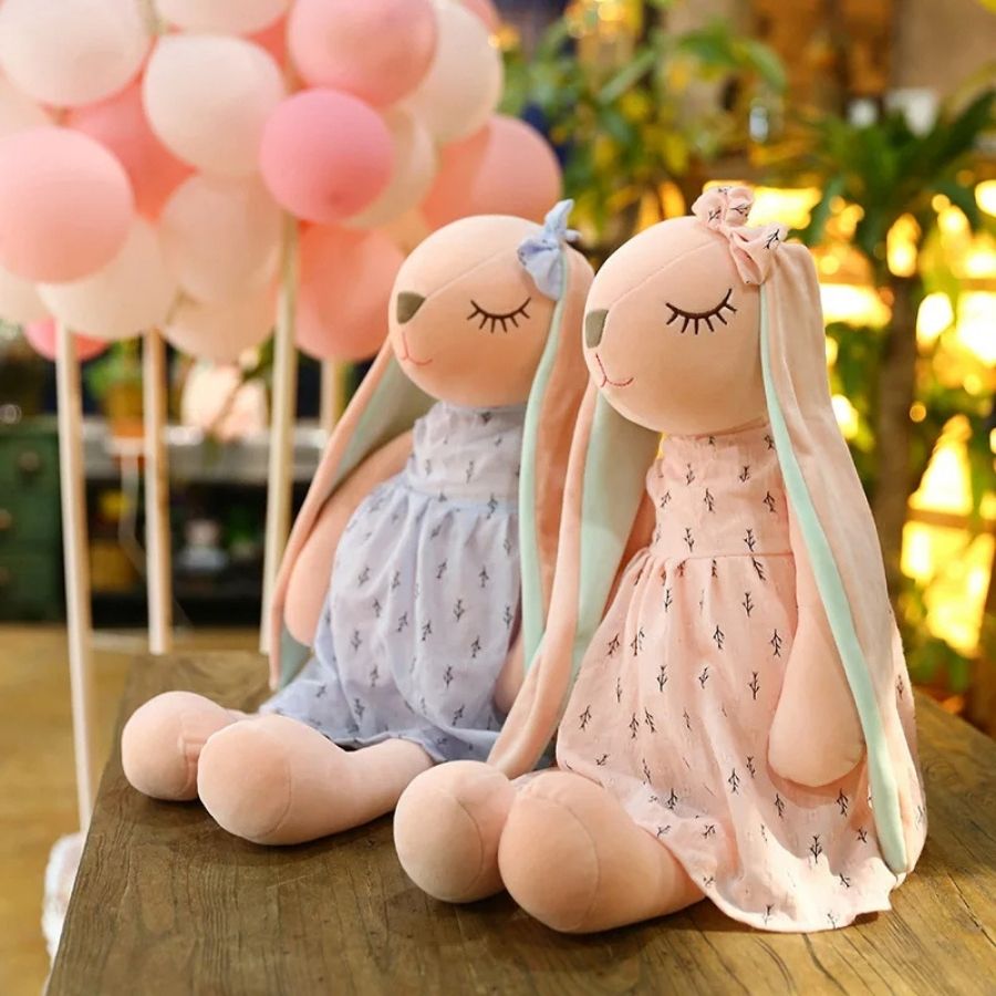 Doudou Lapin Rose Pâle à Robe Imprimée et Yeux Endormis