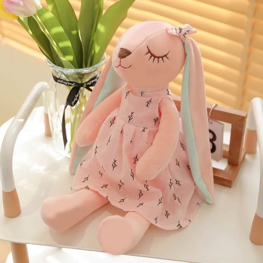Doudou Lapin Rose Pâle à Robe Imprimée et Yeux Endormis