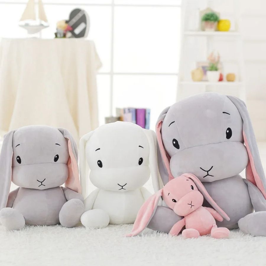 Peluche Lapin Gris Clair avec Longues Oreilles Roses