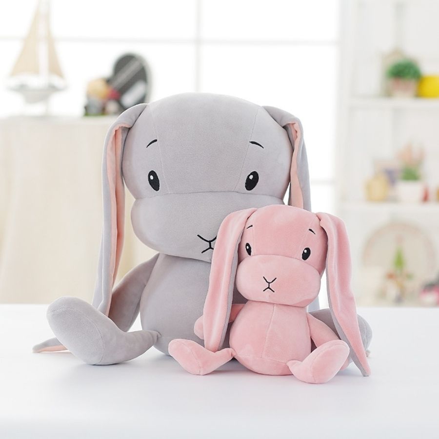 Peluche Lapin Gris Clair avec Longues Oreilles Roses