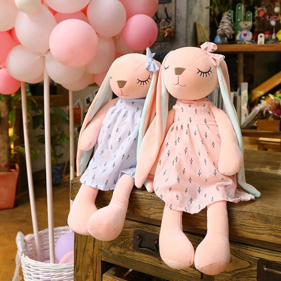 Doudou Lapin Rose Pâle à Robe Imprimée et Yeux Endormis