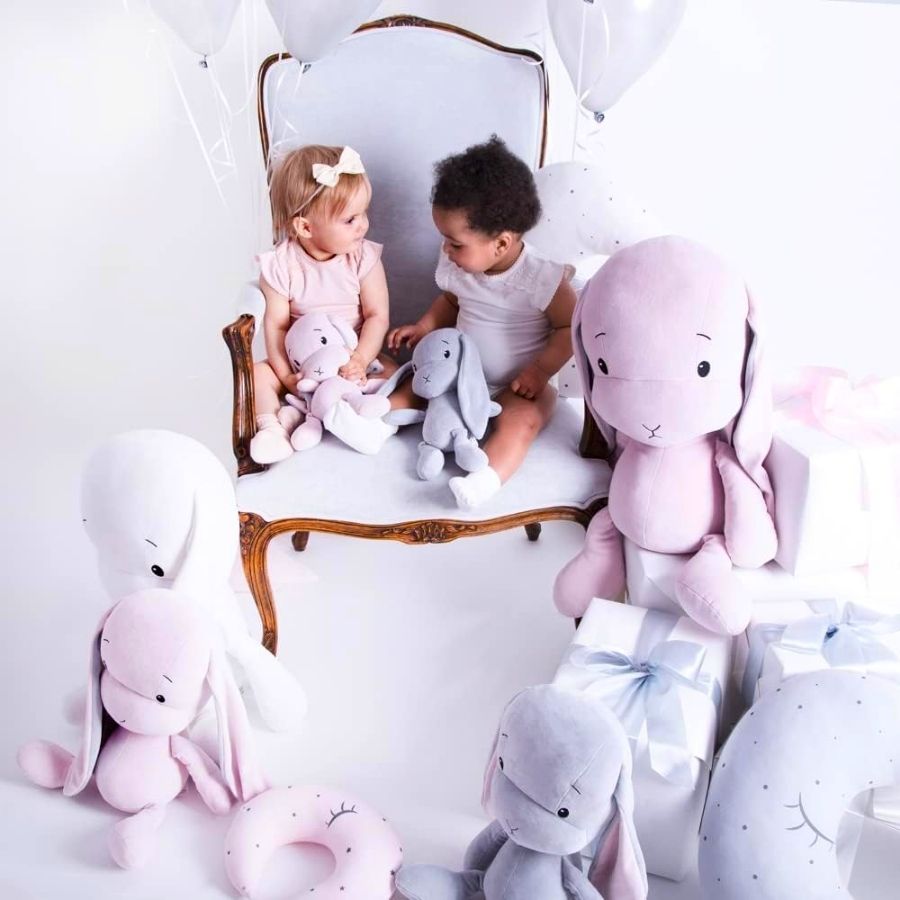Peluche Lapin Gris Clair avec Longues Oreilles Roses