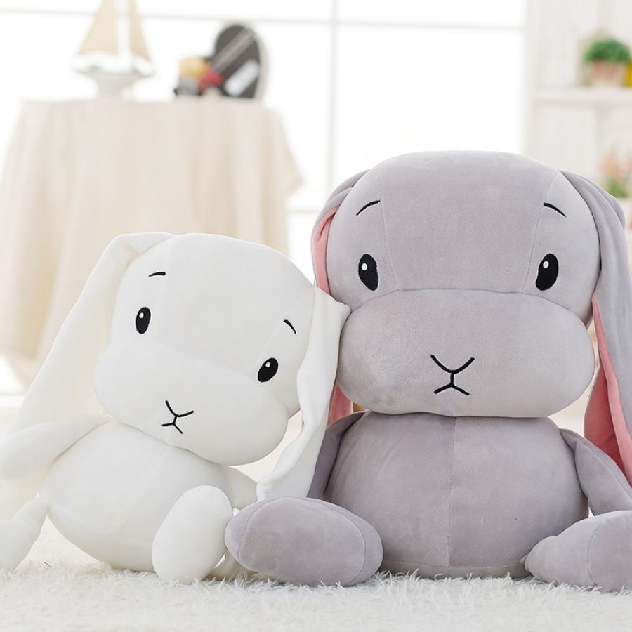 Peluche Lapin Gris Clair avec Longues Oreilles Roses