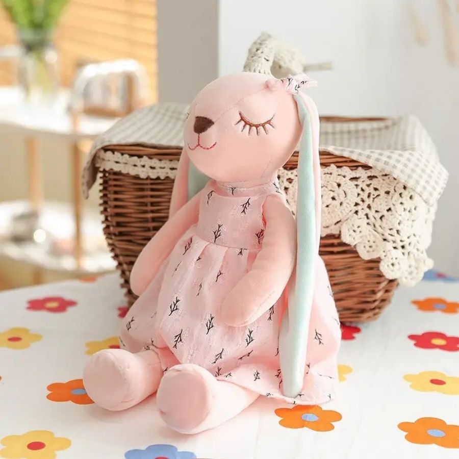 Doudou Lapin Rose Pâle à Robe Imprimée et Yeux Endormis