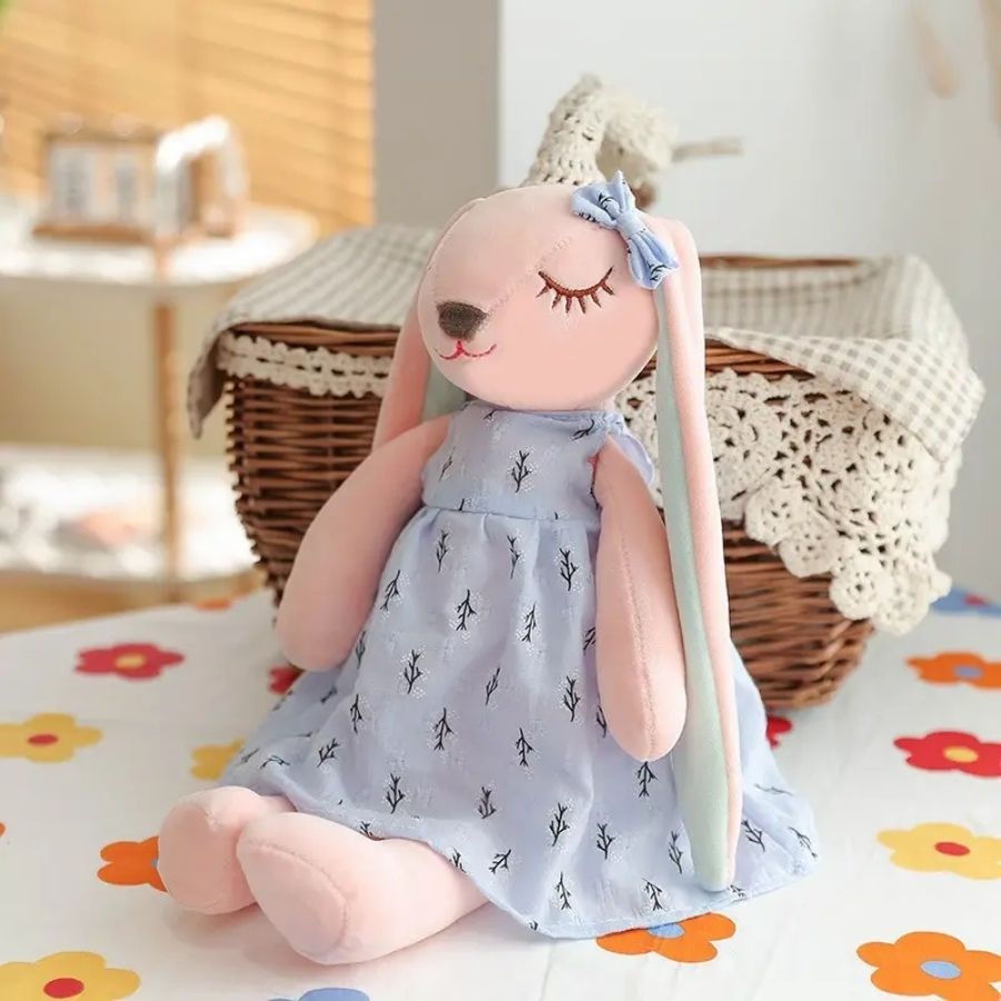 Doudou Lapin Rose Pâle à Robe Imprimée et Yeux Endormis