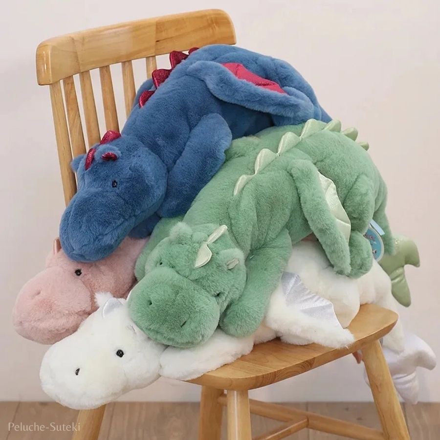Grande Peluche Dragon Bleue aux Ailes Roses Brillantes