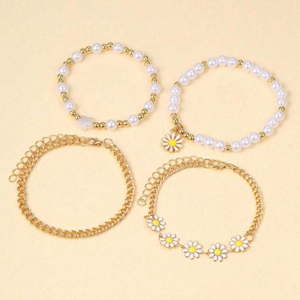Bracelet en Marguerite et Perles (Lot de 4)