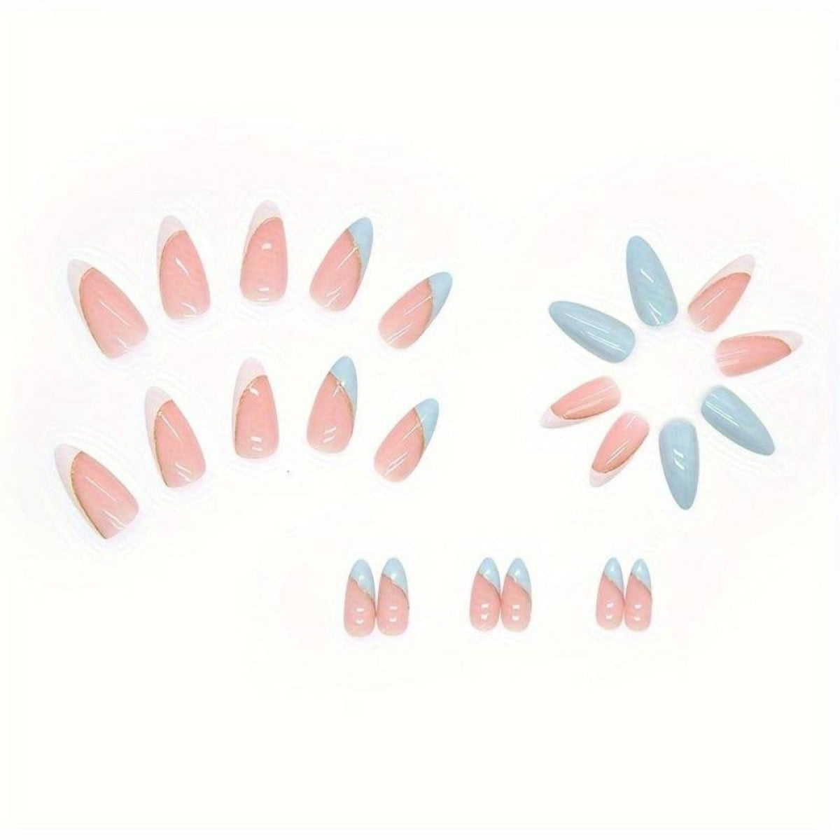 Faux Ongles Press-on Bleu Rose à Lignes Dorées