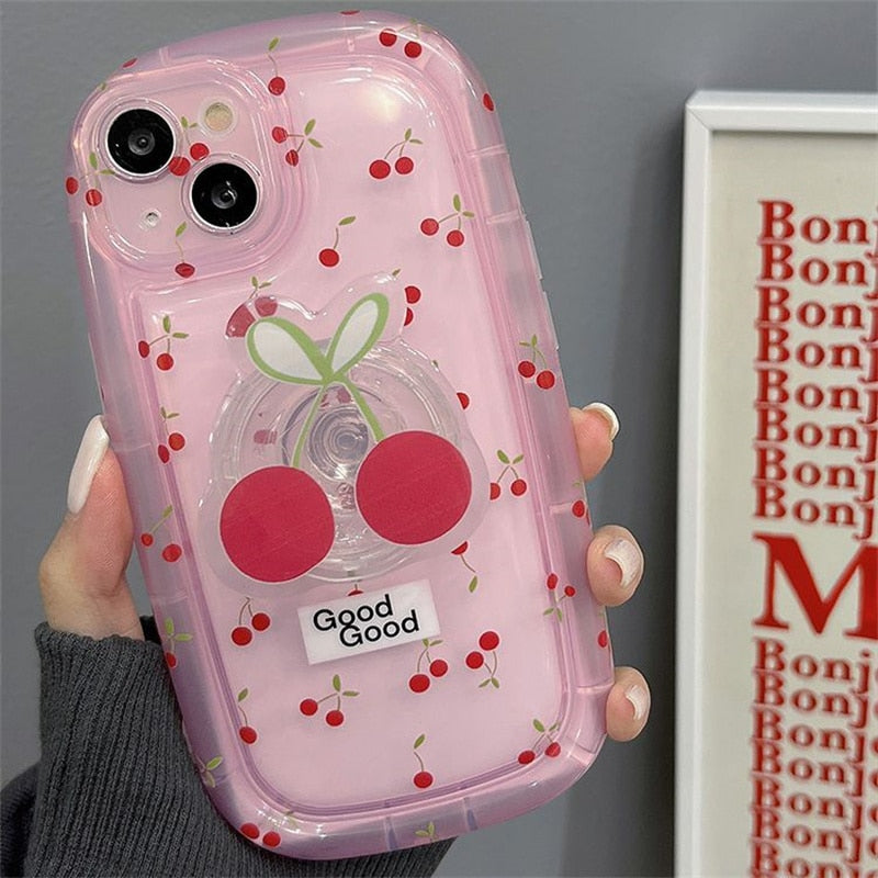 Coque d'iPhone Rose Pâle à Cerises avec Anneau