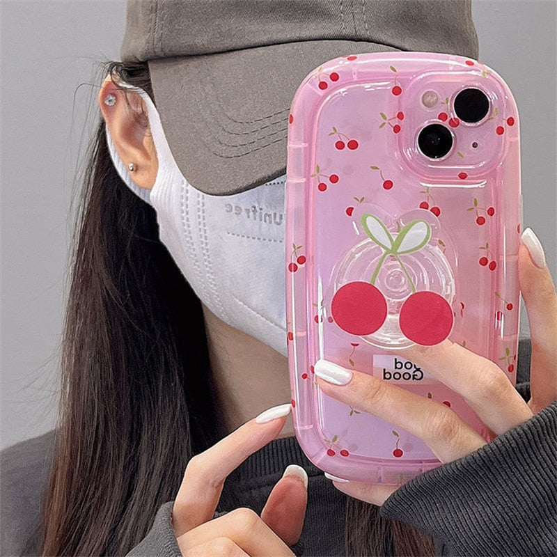 Coque d'iPhone Rose Pâle à Cerises avec Anneau
