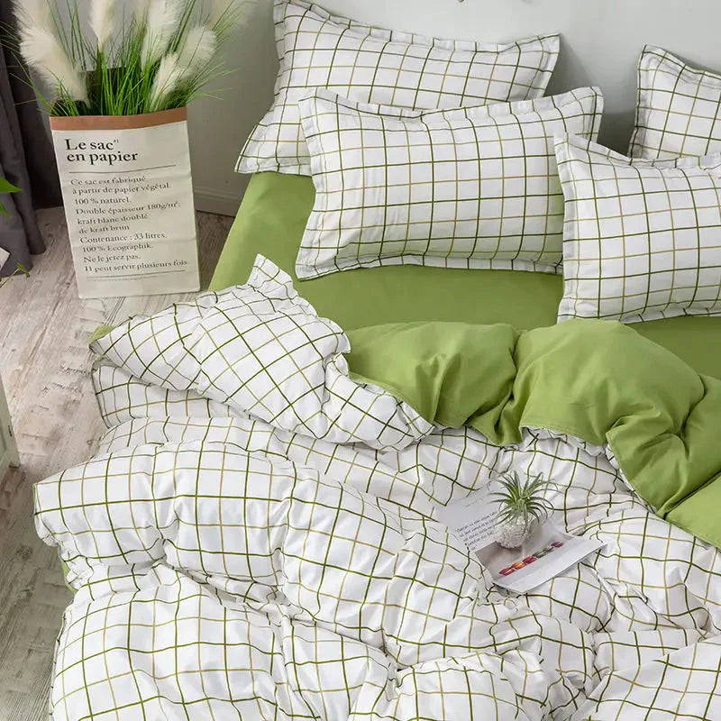 Ensemble de housse de couette à carreaux verts motif écossais - Câlin Kawaii