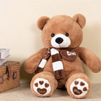 Ours en Peluche Beige à Écharpe Rayée et Pattes Cœurs