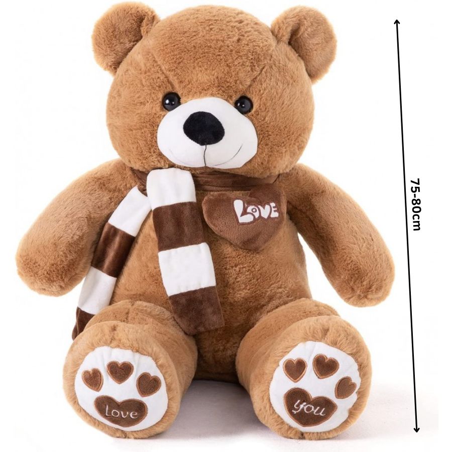 Ours en Peluche Beige à Écharpe Rayée et Pattes Cœurs