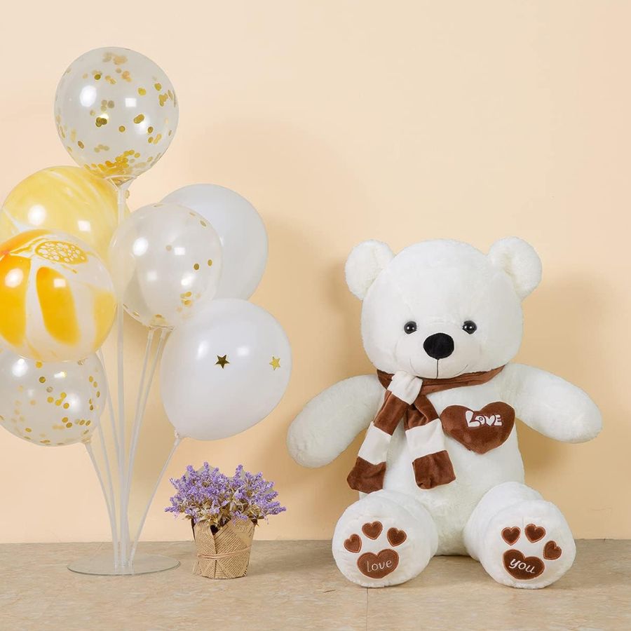 Ours en Peluche Beige à Écharpe Rayée et Pattes Cœurs